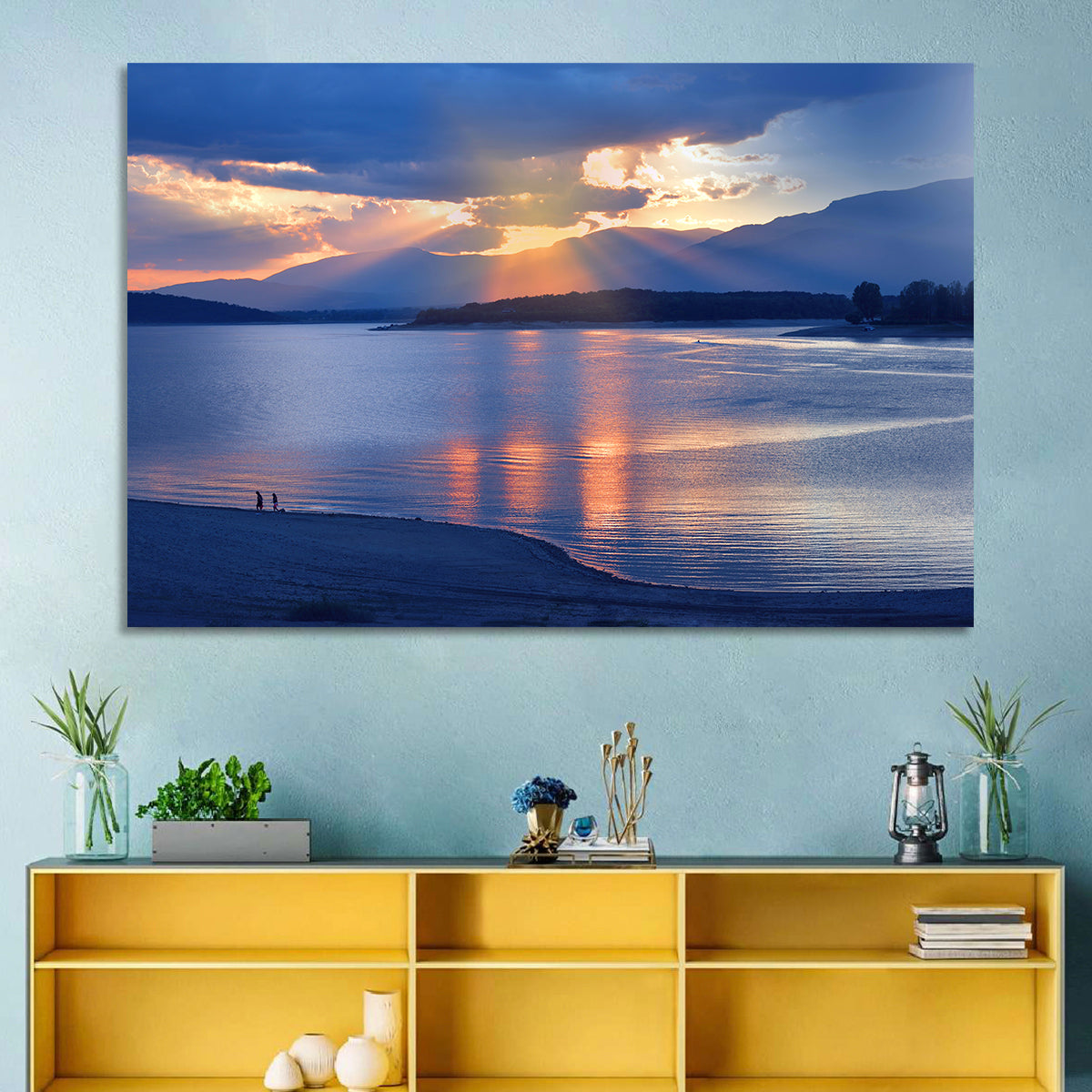 Lake Sunset with Silhouettes Wall Art in a room, landscape