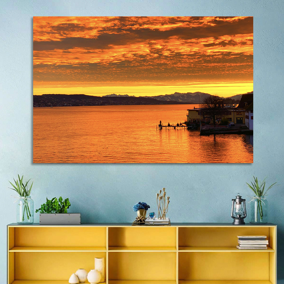 Lake Zurich Golden Sunset Wall Art in a room, landscape