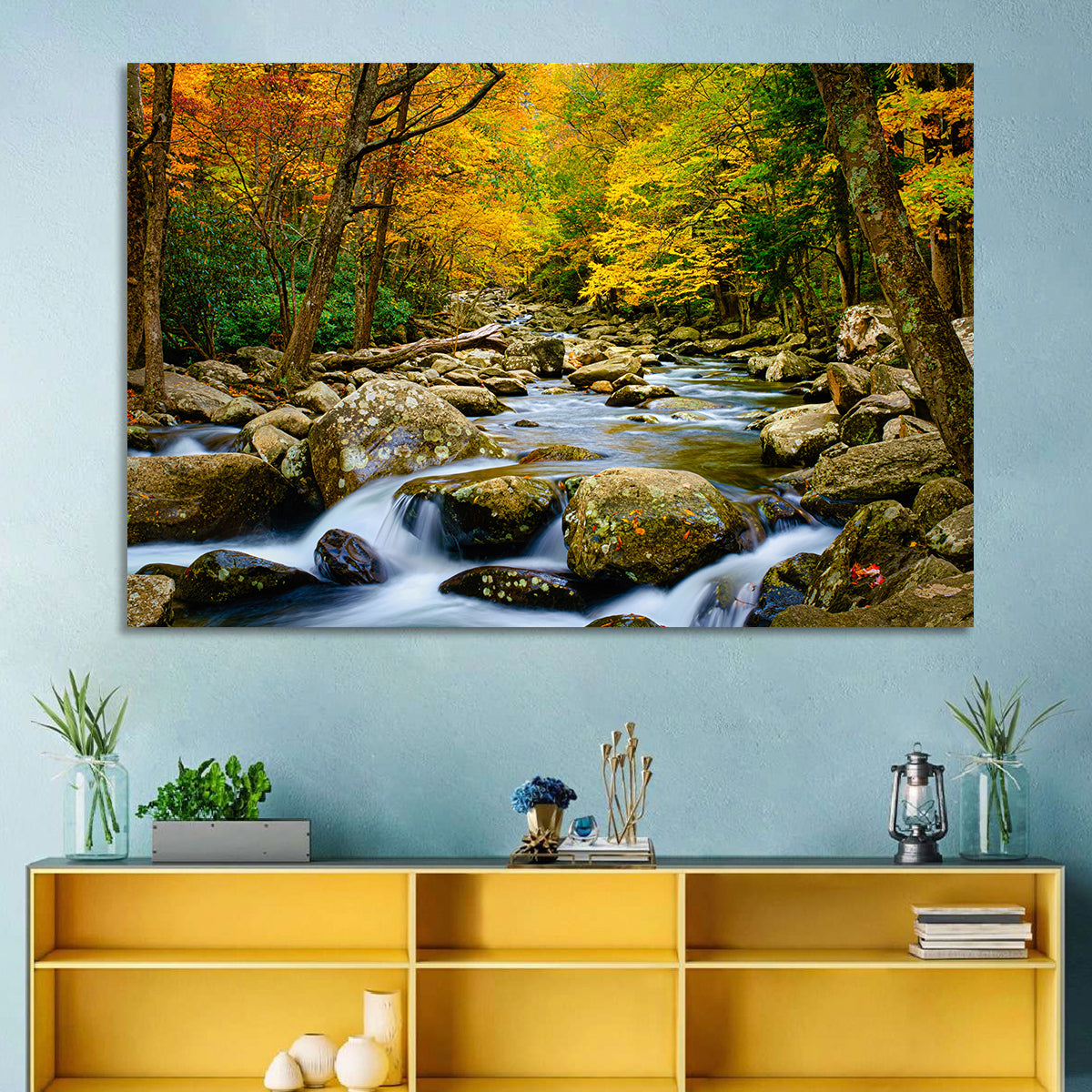 Autumn Stream Through Forest Wall Art in a room, landscape