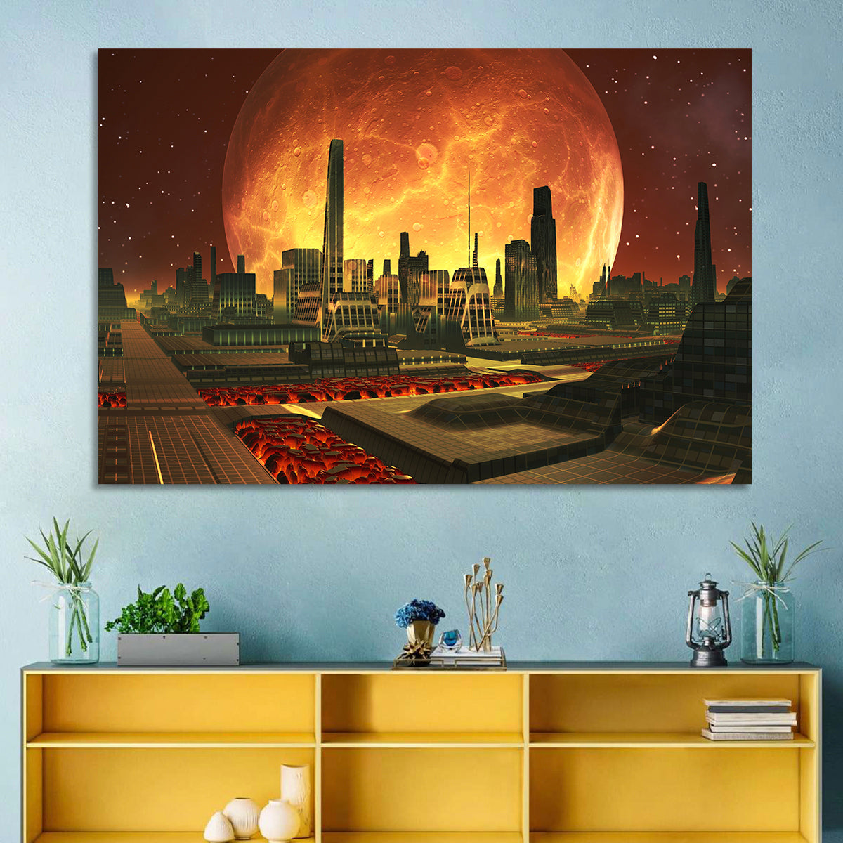 Molten Lunar Cityscape Wall Art in a room, landscape