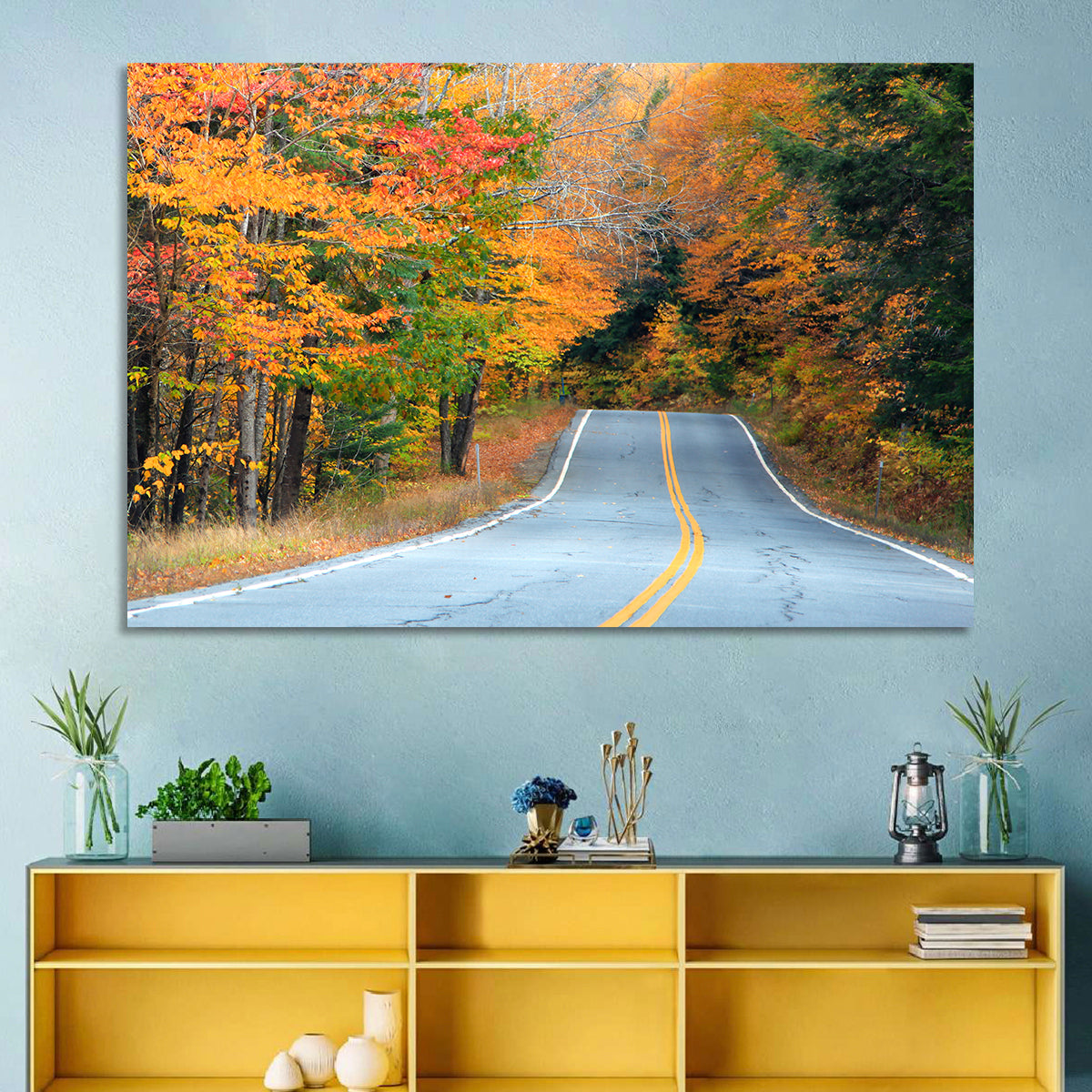 Autumn Road in New Hampshire Wall Art in a room, landscape
