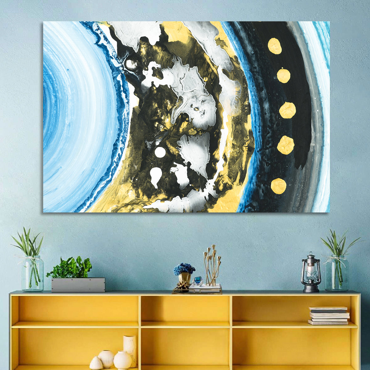 Planet Rings in Blue and Gold Wall Art in a room, landscape