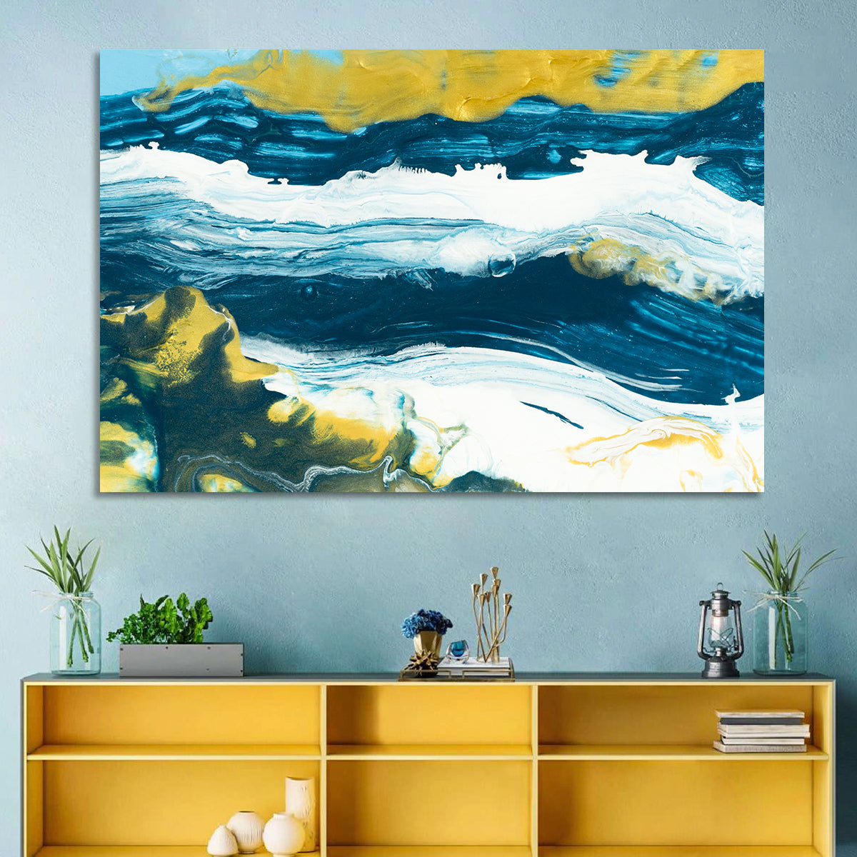 Flowing Streams with Gold Accents Wall Art in a room, landscape