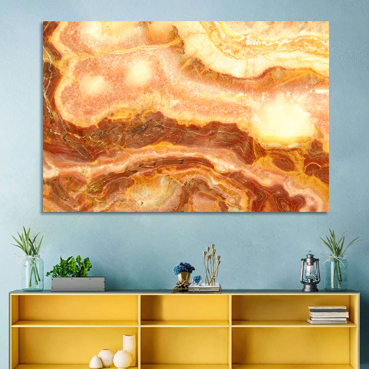 Golden Agate Stone Abstract Wall Art in a room, landscape