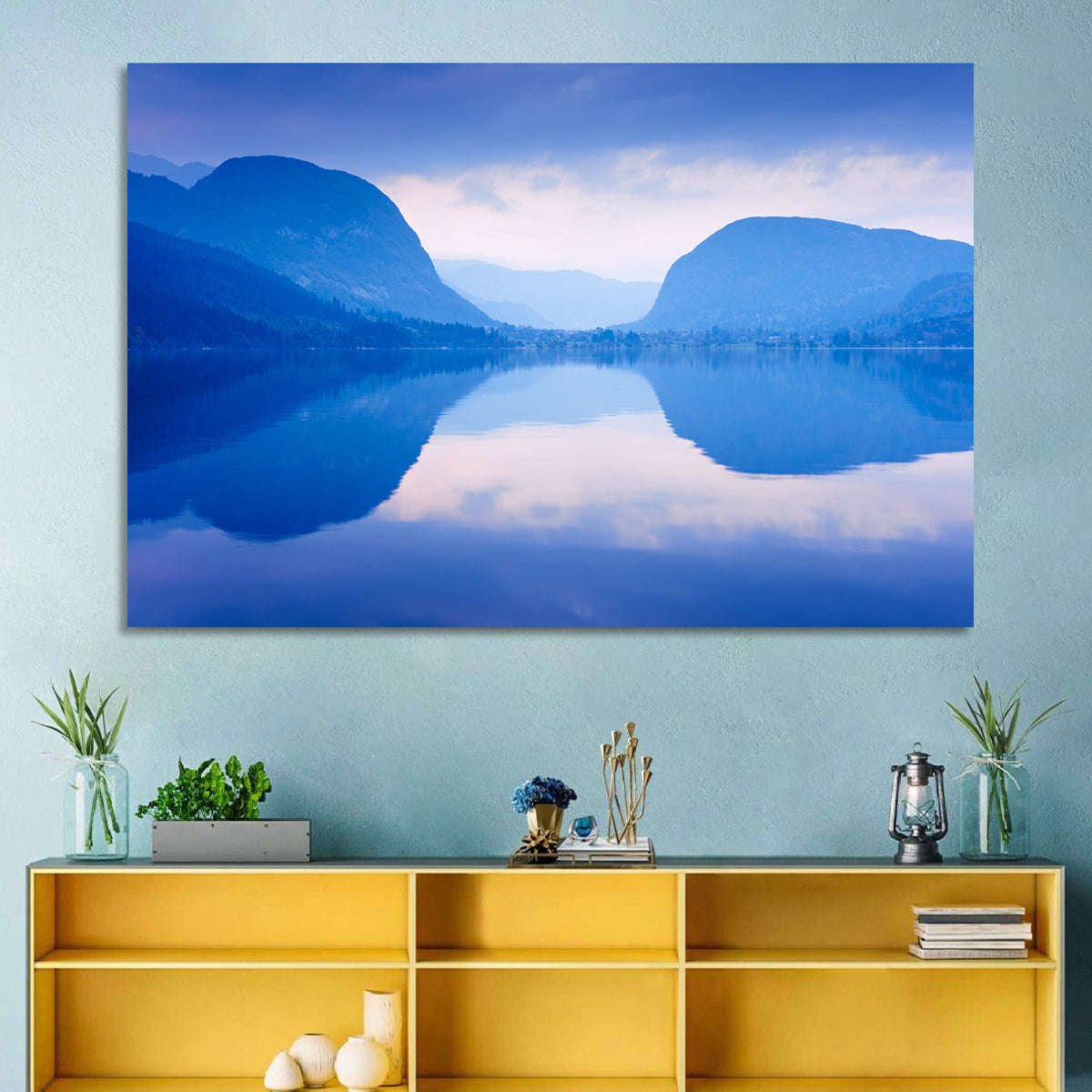 Lake Bohinj Morning Reflection Wall Art in a room, landscape