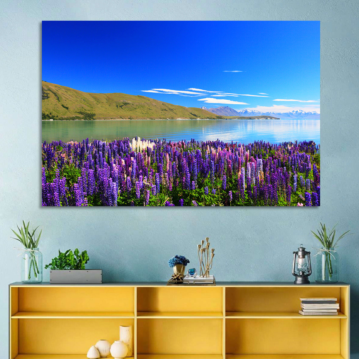 Lake Tekapo Lupine Fields Wall Art in a room, landscape