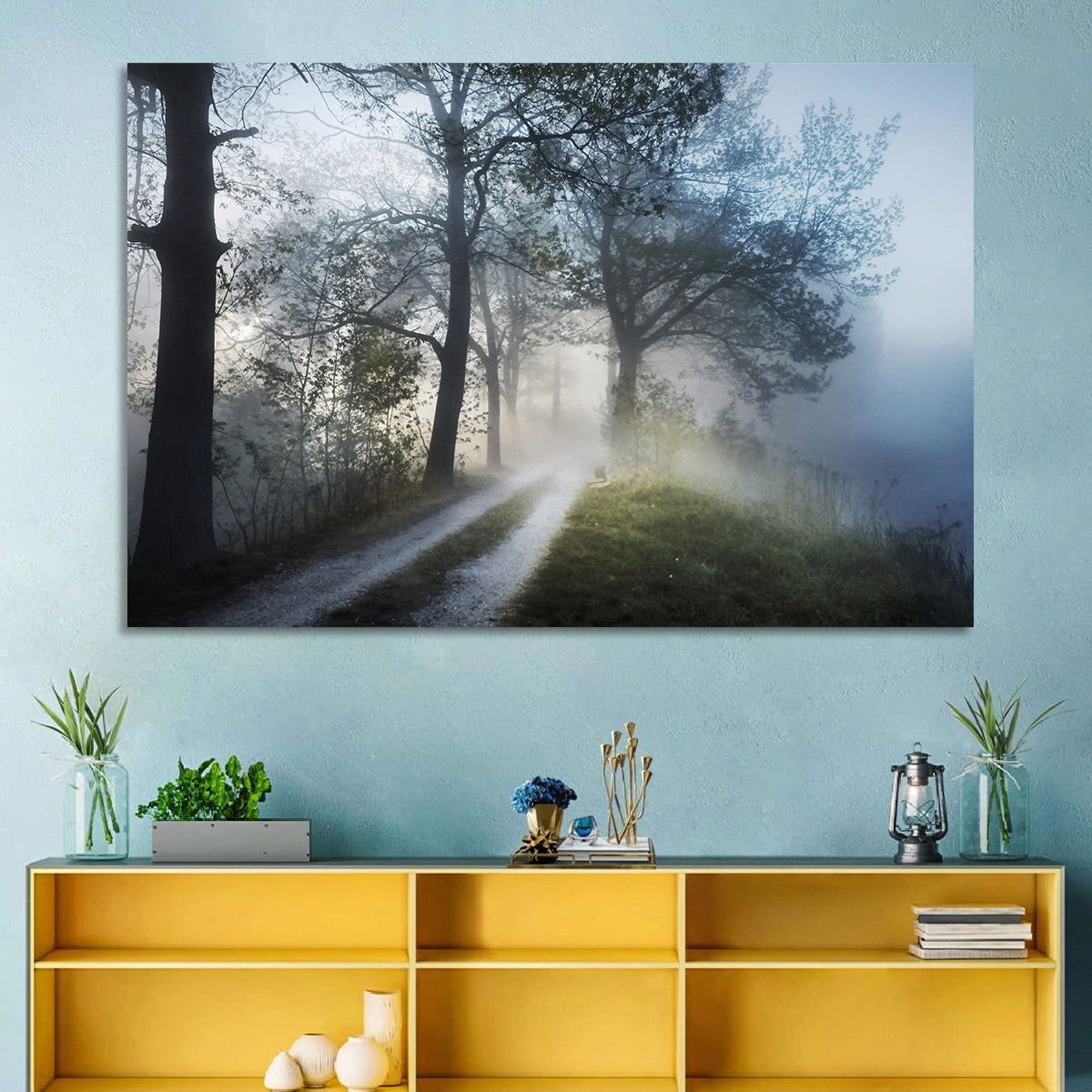 Foggy Forest Path Wall Art in a room, landscape