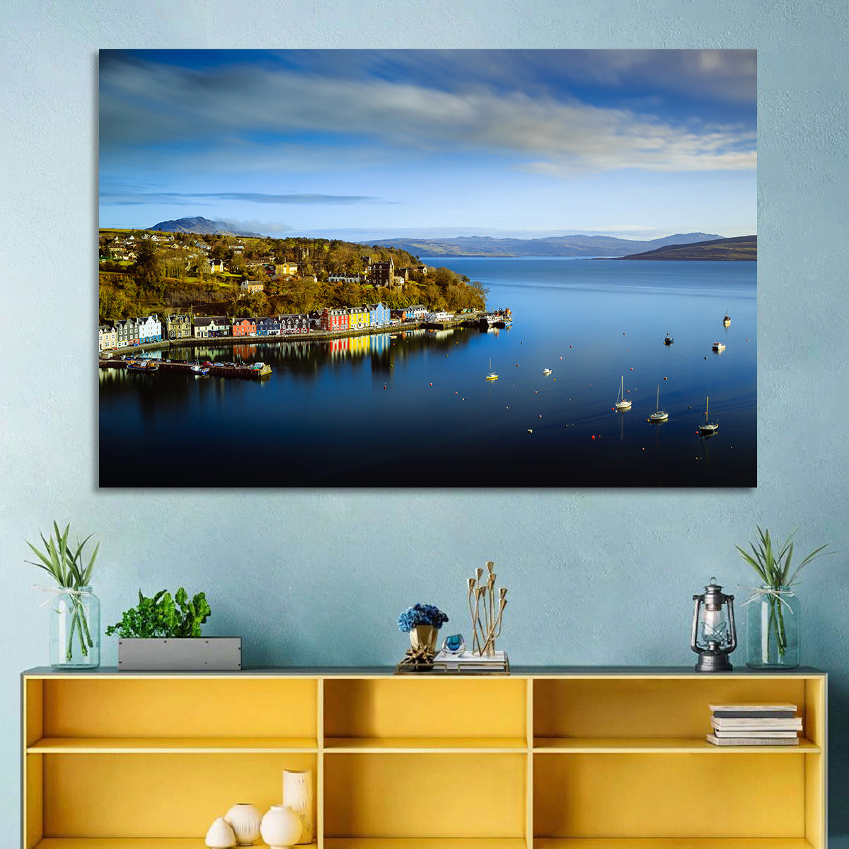 Portree Harbour Colorful Houses Wall Art in a room, landscape