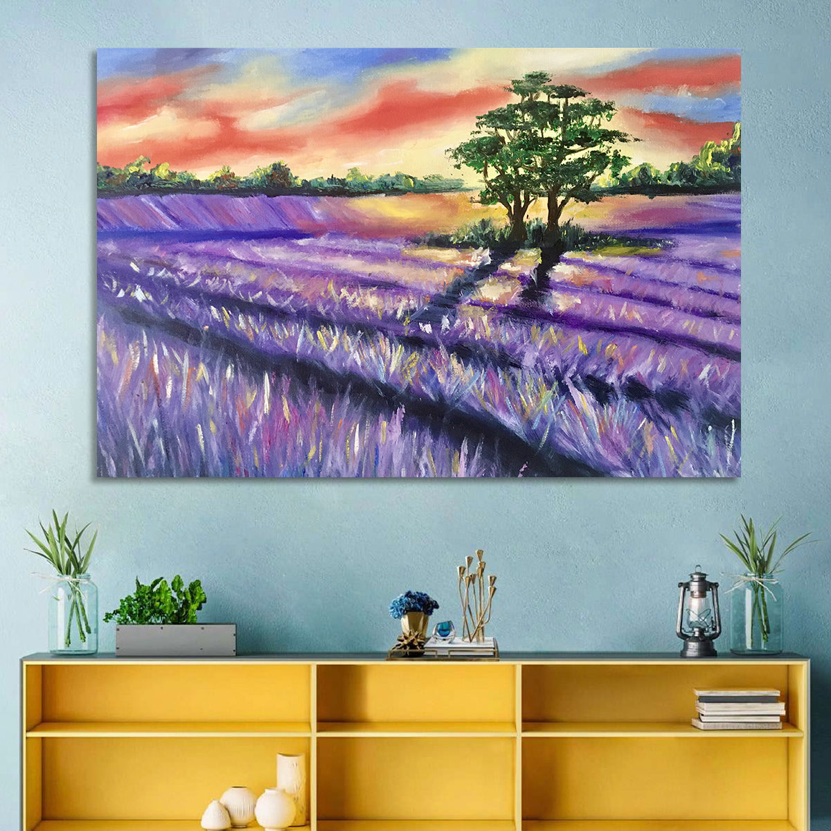 Lavender Field at Sunset Wall Art in a room, landscape