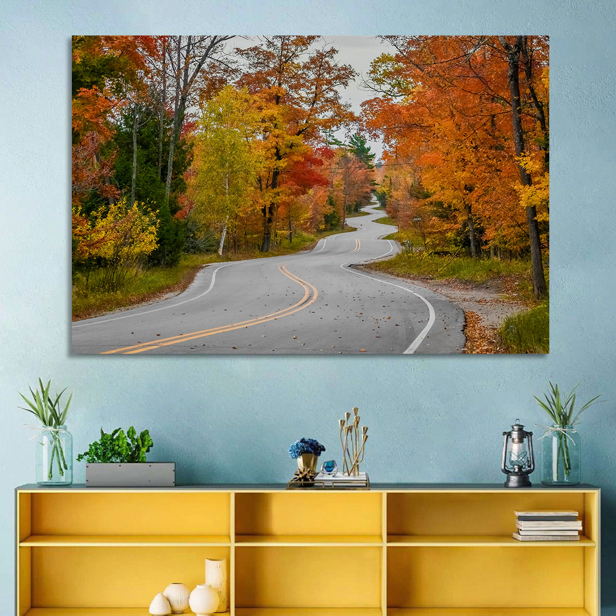Winding Autumn Highway Wall Art in a room, landscape