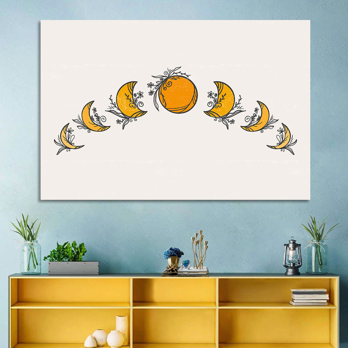 Lunar Phases Floral Arc Wall Art in a room, landscape