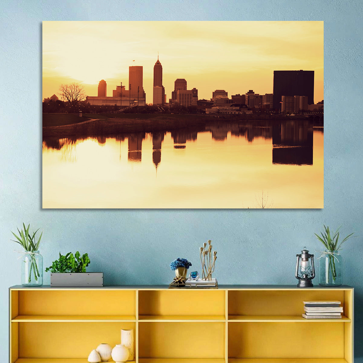 Indianapolis Golden Hour Skyline Wall Art in a room, landscape