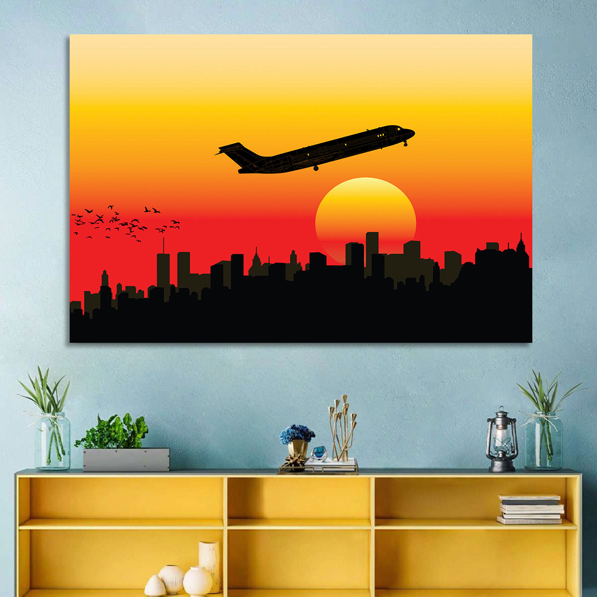 Airplane Over Sunset Skyline Wall Art in a room, landscape