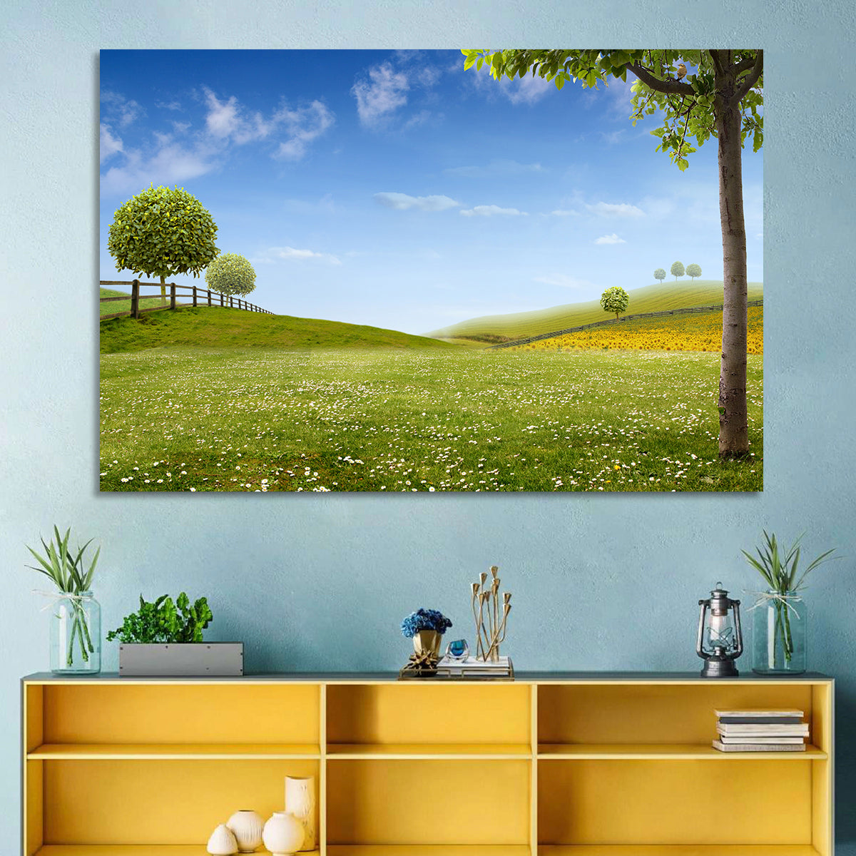 Green Sunflower Fields Wall Art in a room, landscape