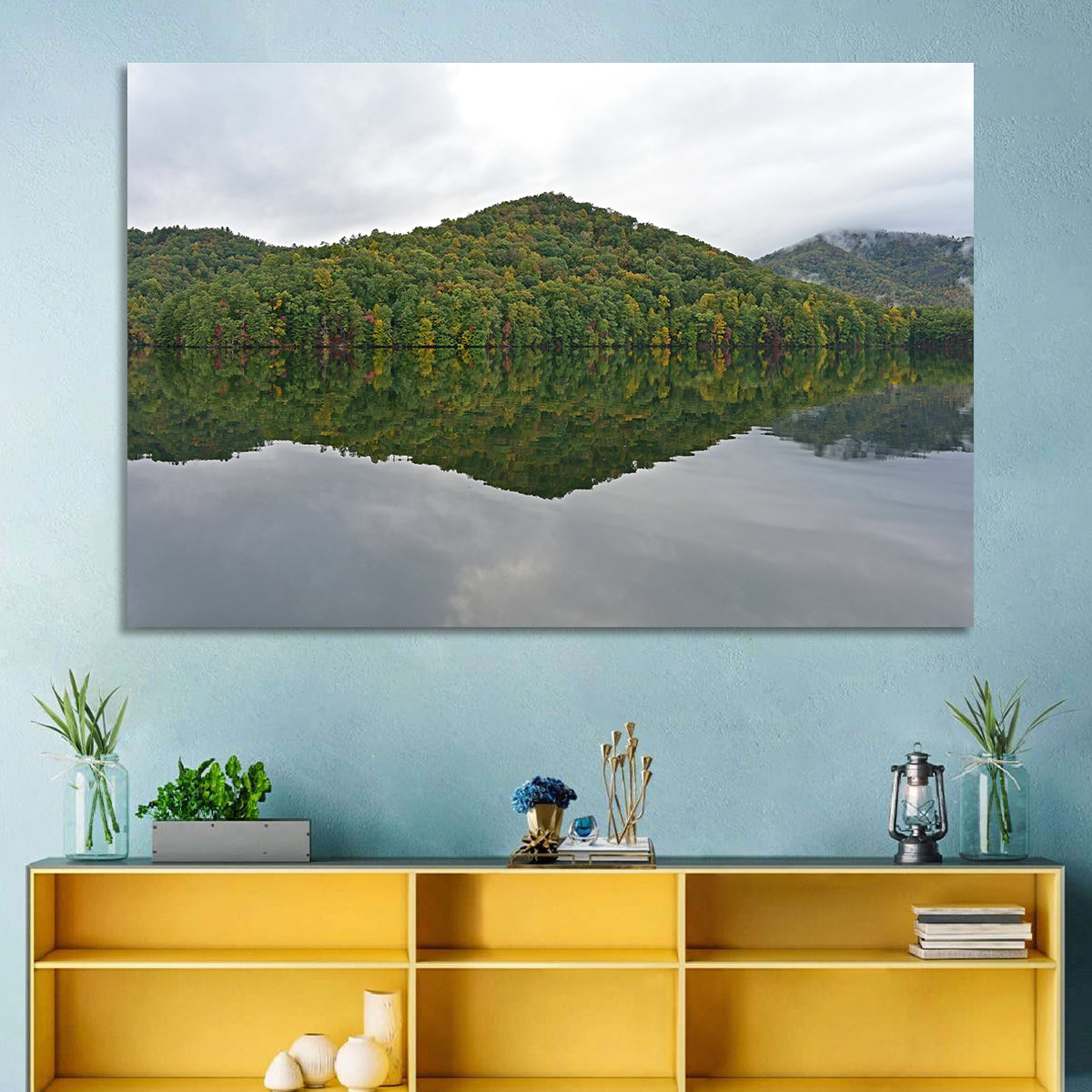 Calm Reflection at Lake Santeetlah Wall Art in a room, landscape