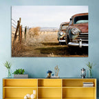 Abandoned Rusty Vintage Cars Behind Barbed Wire Wall Art