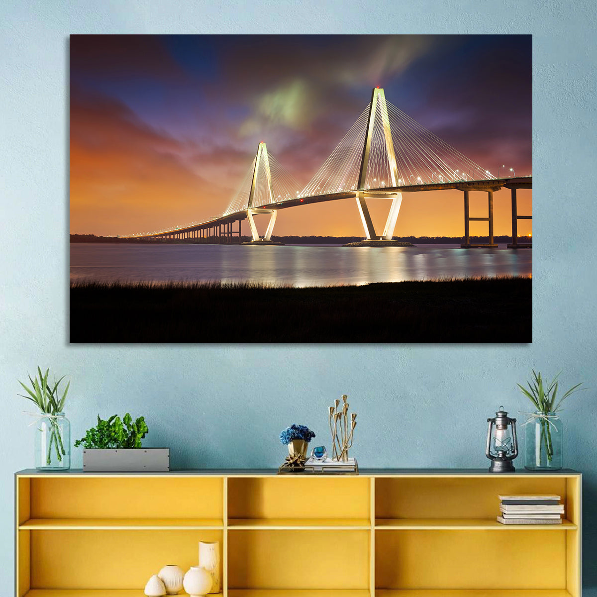 Arthur Ravenel Jr. Bridge at Dusk Wall Art in a room, landscape