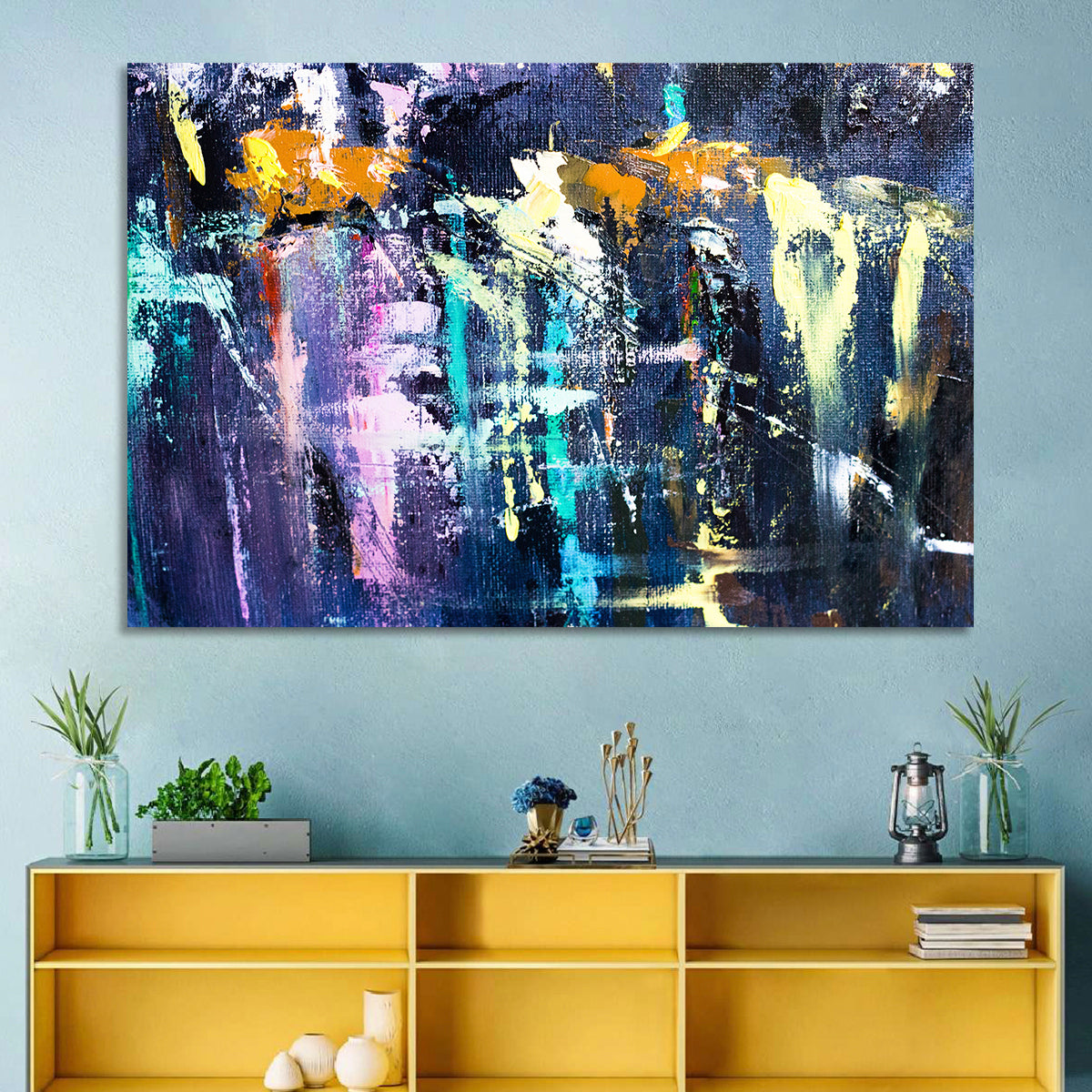 Impasto Waterfall in Blue and Purple Wall Art in a room, landscape