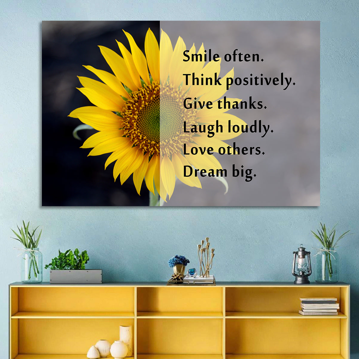 Sunflower Smile Typography Wall Art in a room, landscape