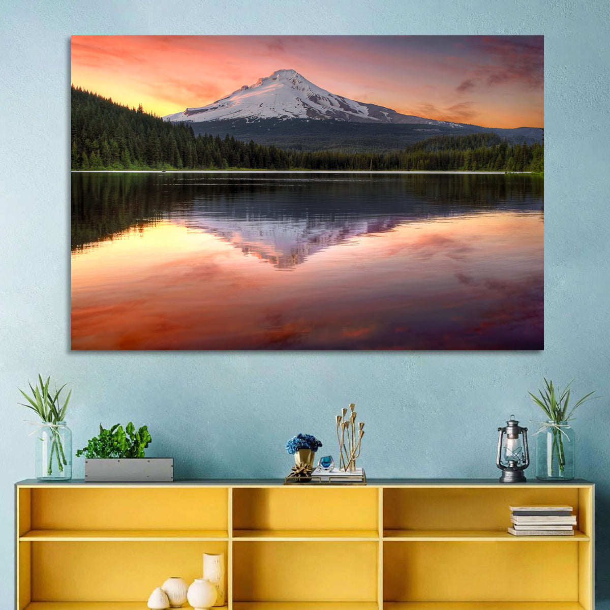 Mount Hood Reflected at Trillium Lake Wall Art in a room, landscape