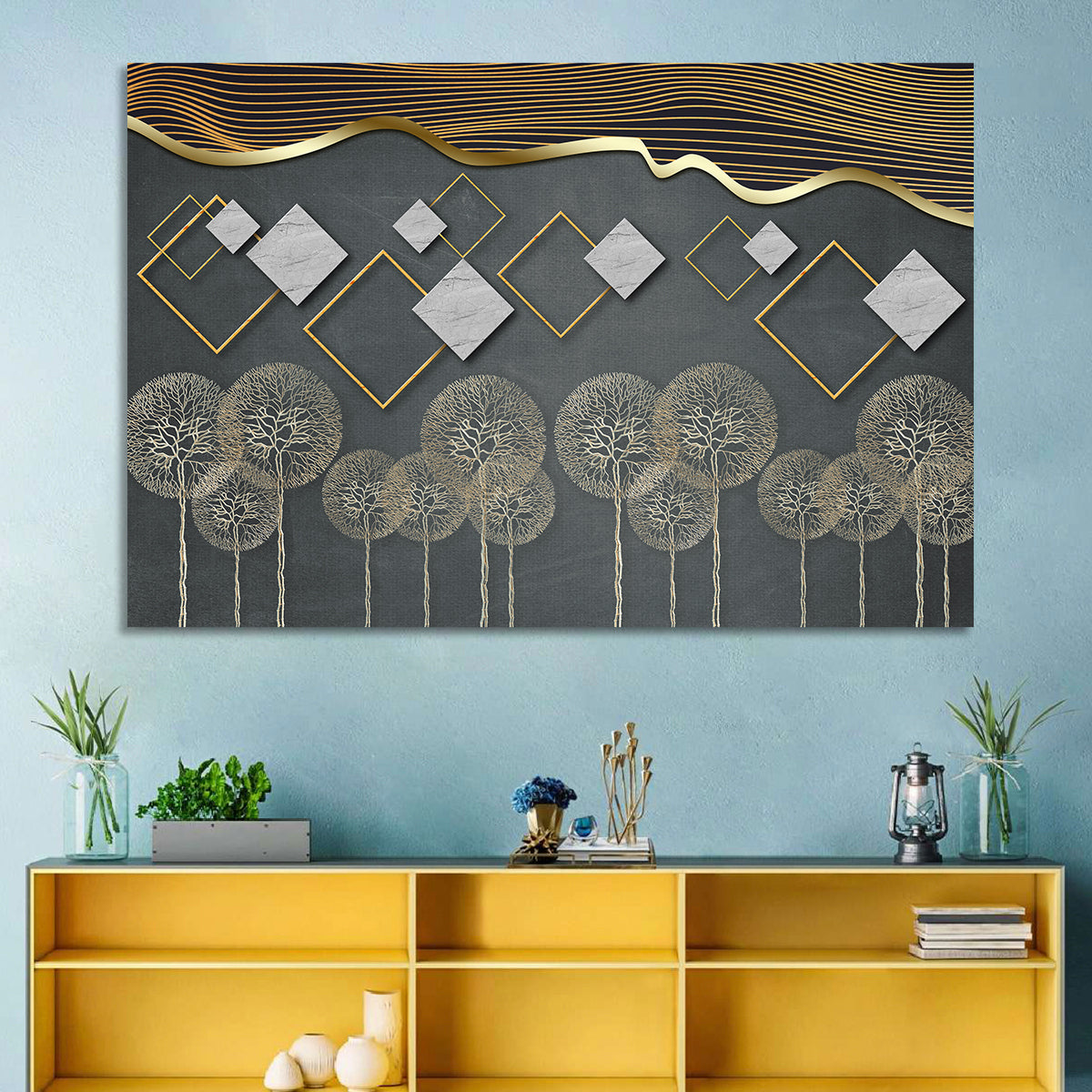Gray and Gold Dandelion Wall Art in a room, landscape