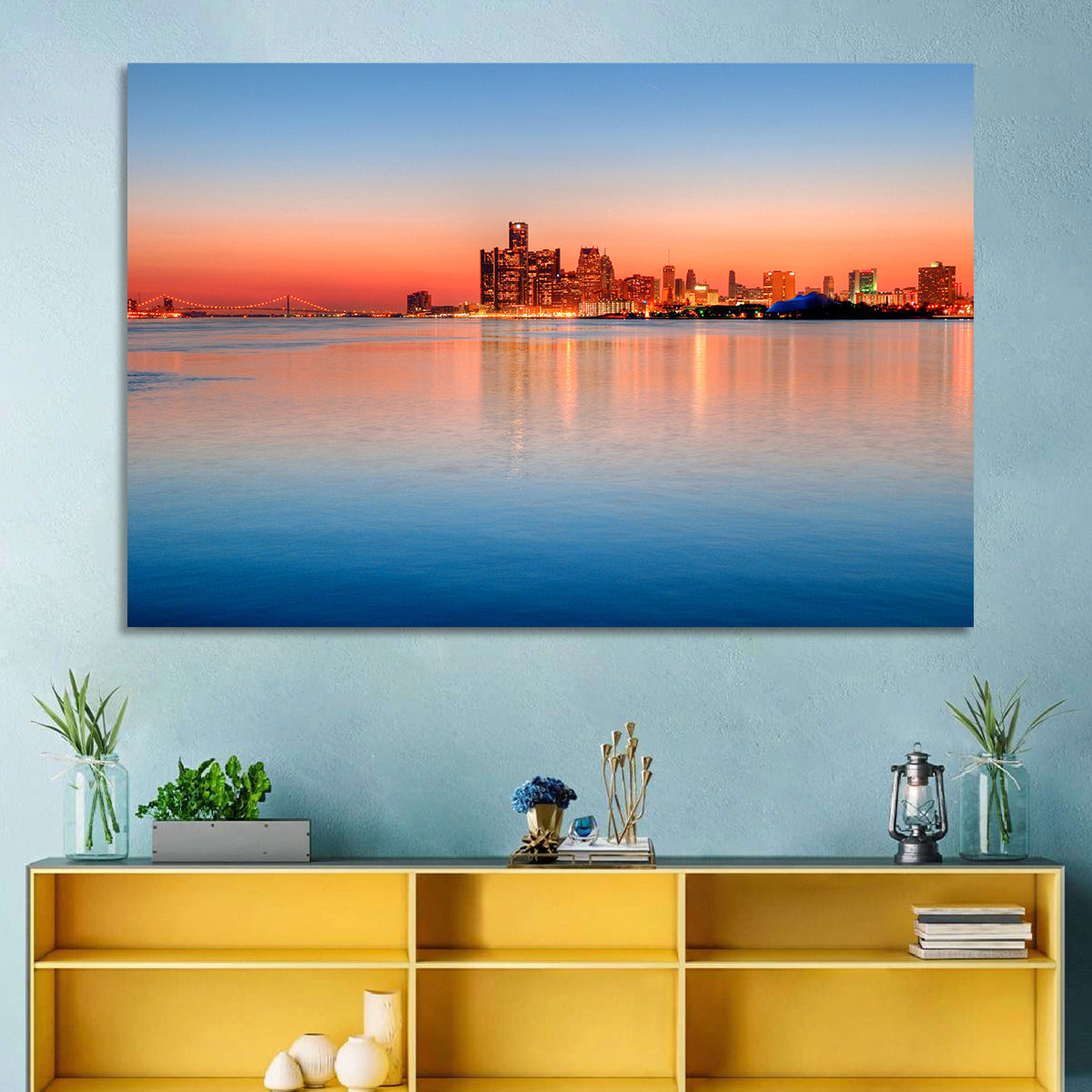 Detroit Golden Hour Skyline Wall Art in a room, landscape