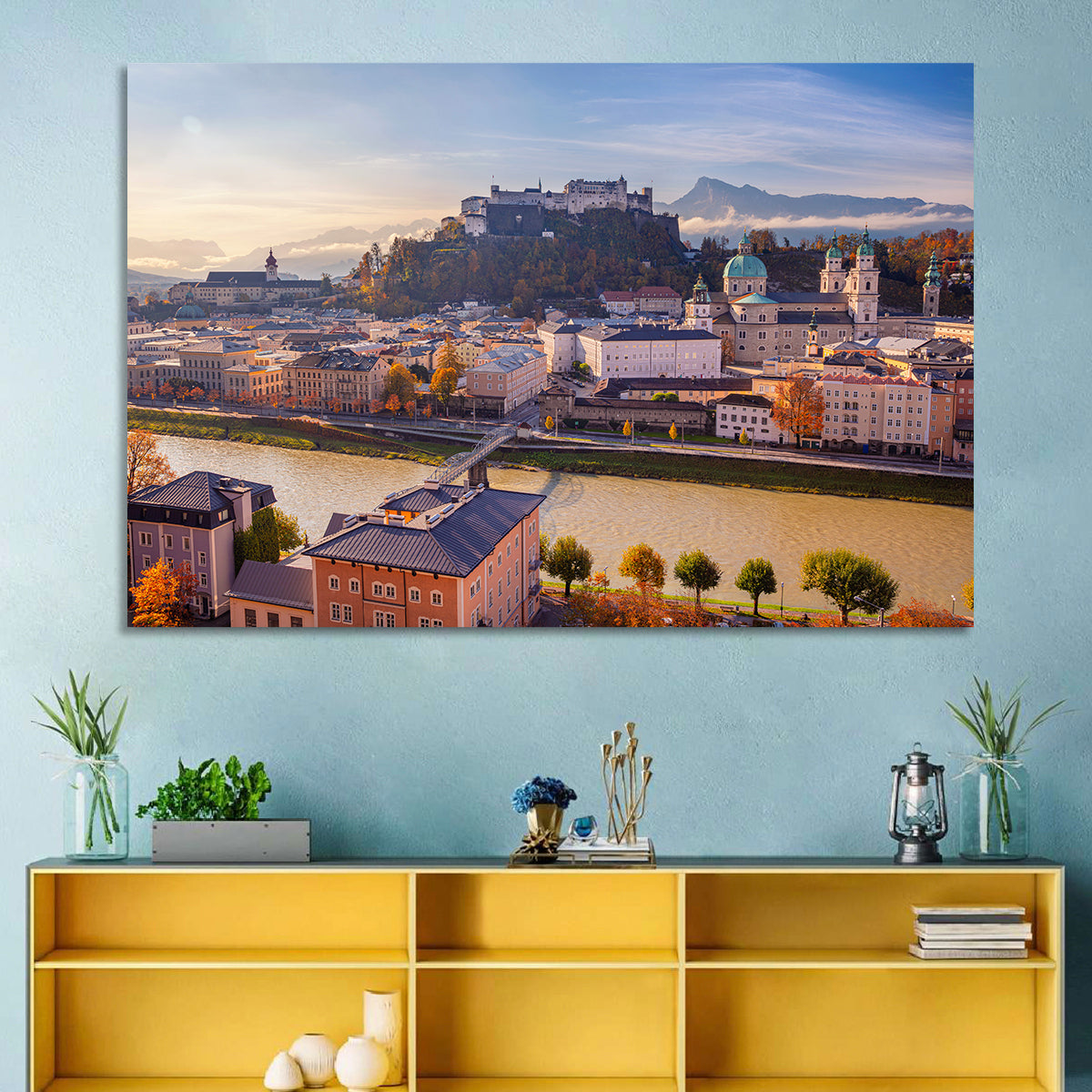 Salzburg Skyline at Golden Hour Wall Art in a room, landscape