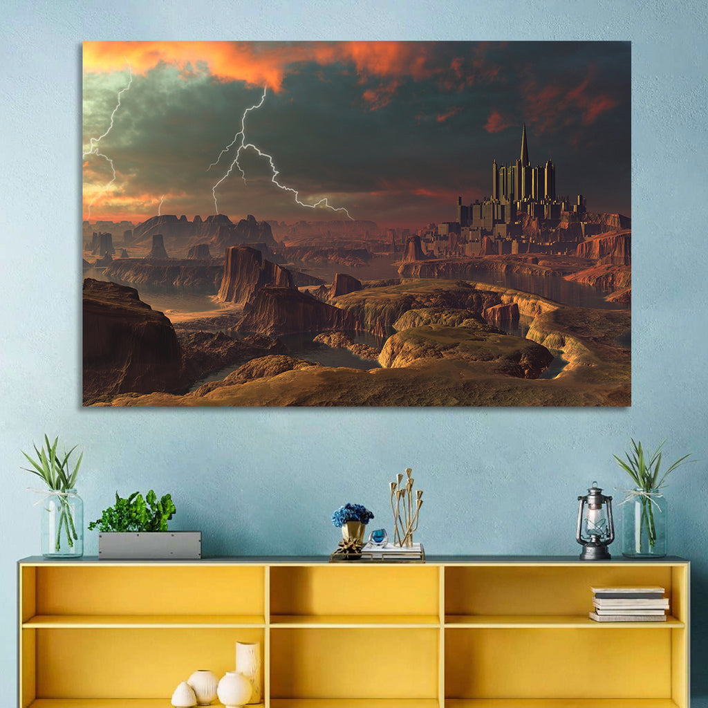 Dusk Storm Over Alien Fortress Wall Art