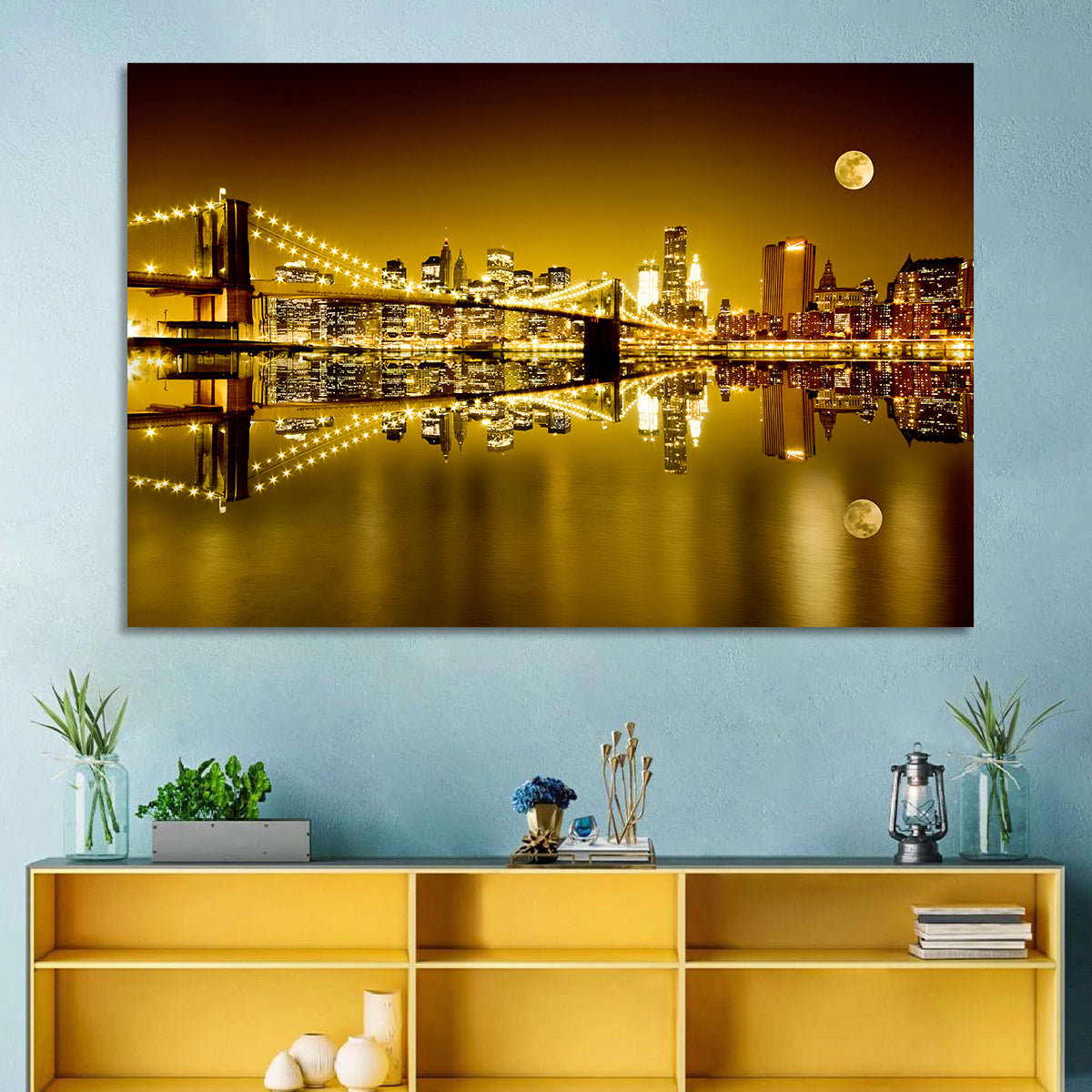 Brooklyn Bridge Moonlit Reflection Wall Art in a room, landscape