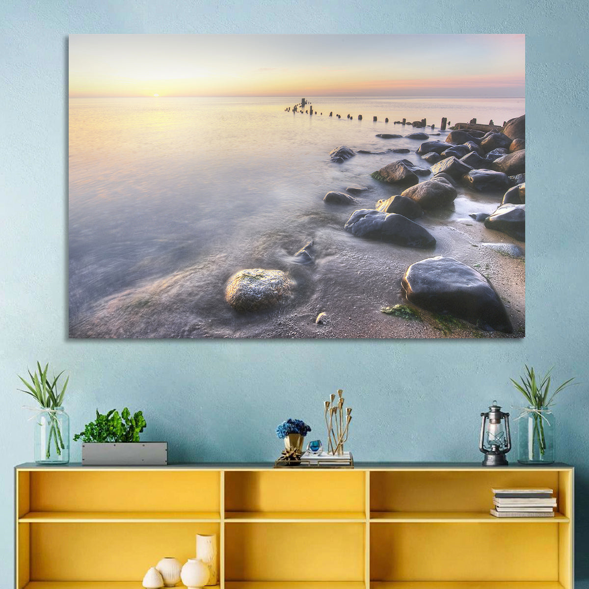 Michigan Shoreline Pilings Wall Art in a room, landscape