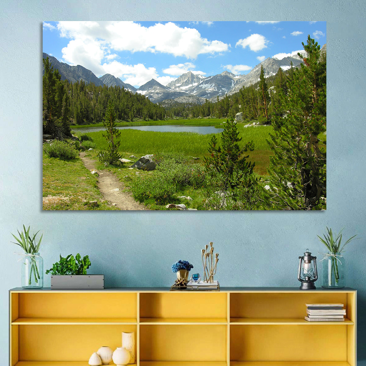 Sierra Nevada Trail to Snow Capped Peaks Wall Art in a room, landscape