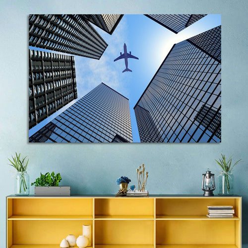 Airplane Above Skyscrapers Wall Art