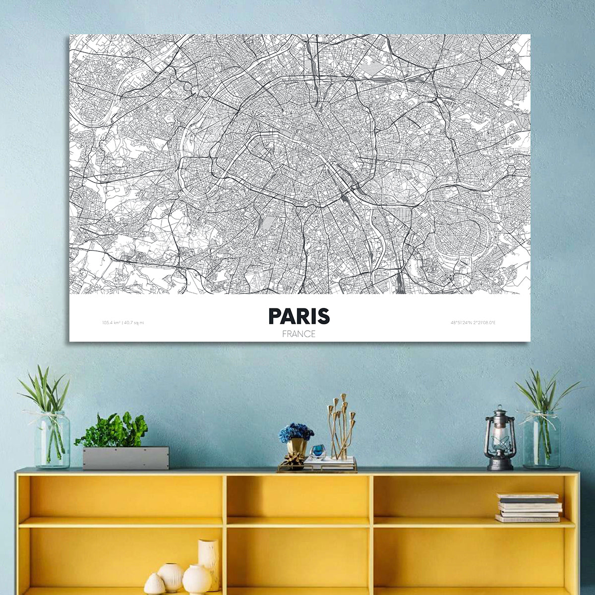 Paris Aerial Map Wall Art in a room, landscape