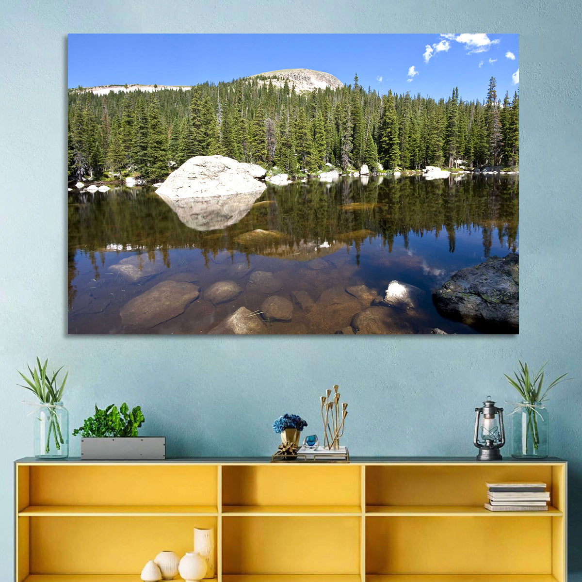 Colorado Forest Lake Reflection Wall Art in a room, landscape