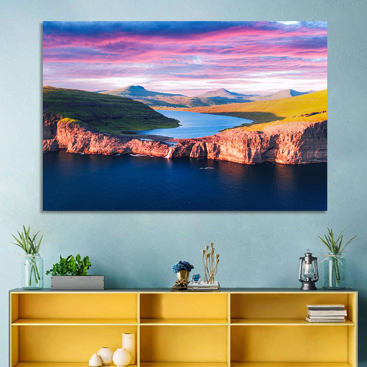 Sørvágsvatn Sunset Wall Art in a room, landscape