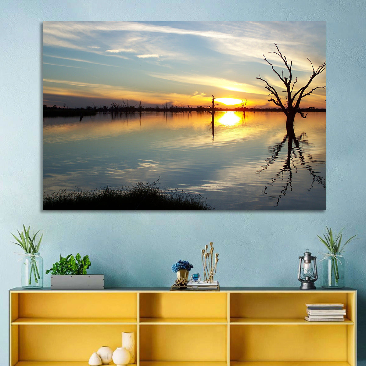 Murray River Sunset Reflection Wall Art in a room, landscape