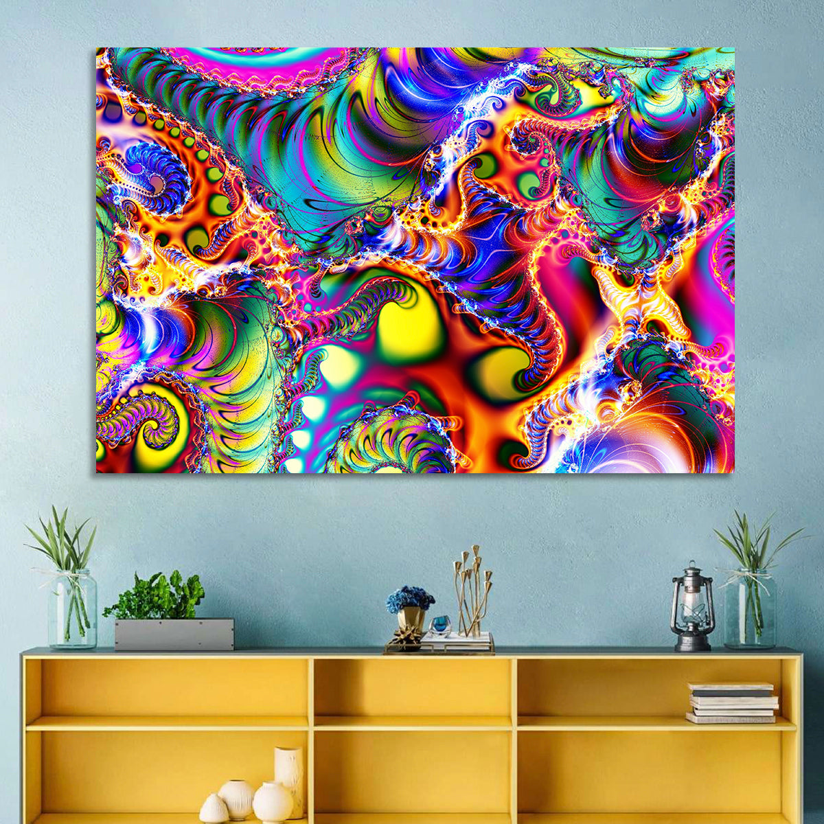 Chromatic Fractal Swirls Wall Art in a room, landscape