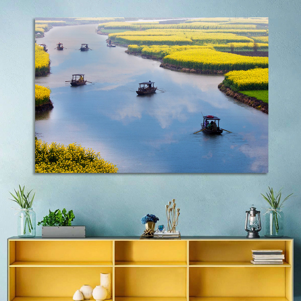 Spring River Rowboats in Rapeseed Fields Wall Art in a room, landscape