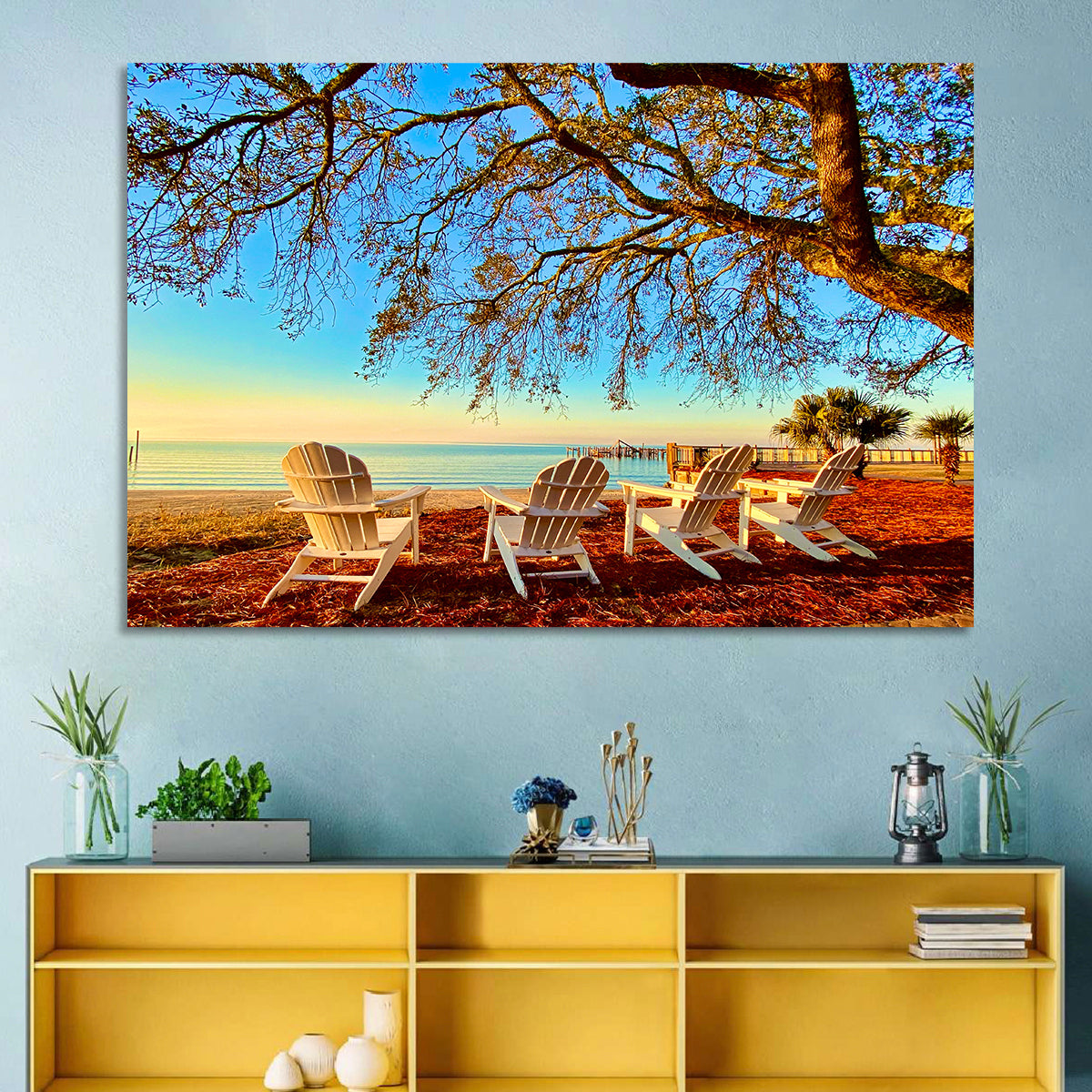 Mobile Bay Adirondack Chairs at Sunrise Wall Art in a room, landscape