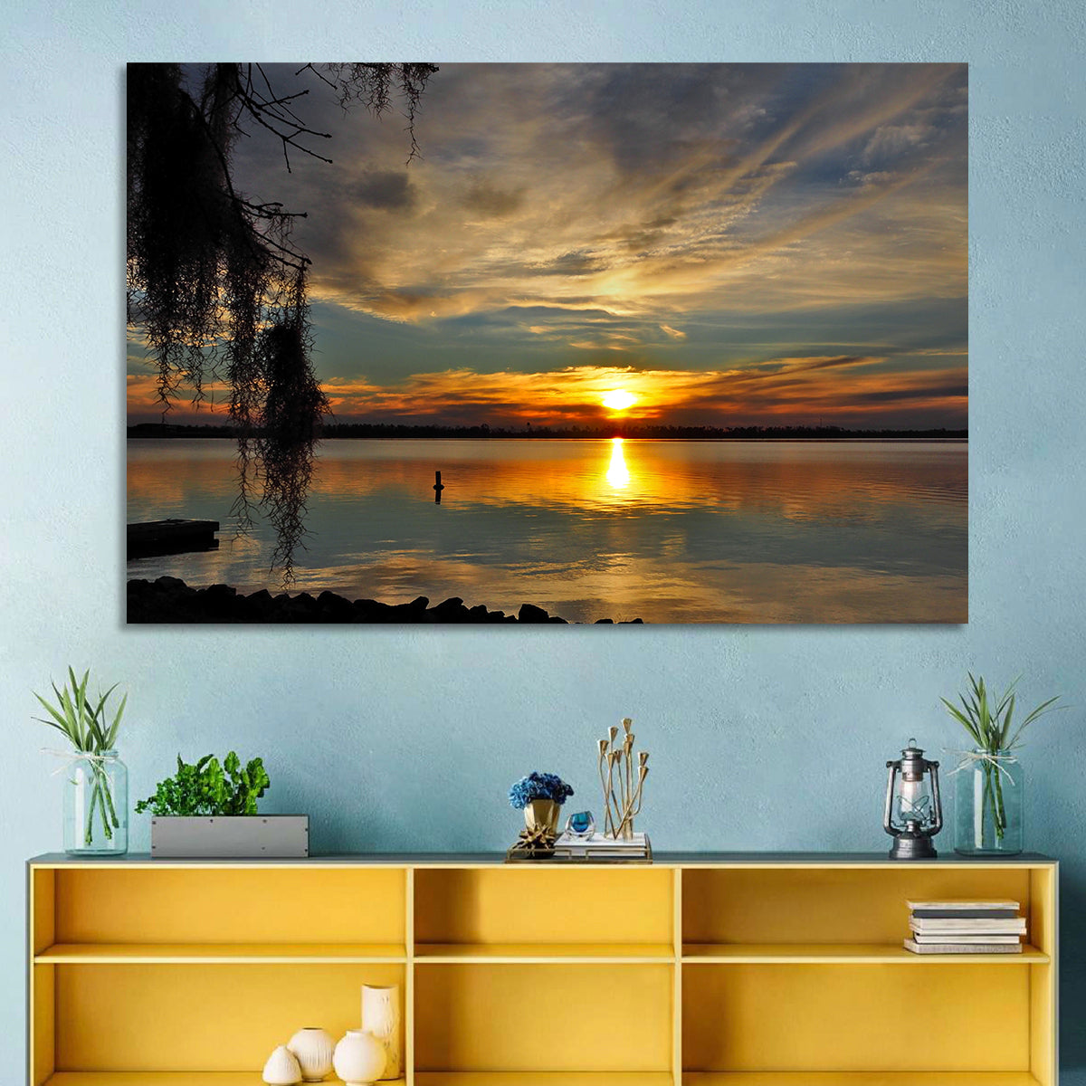 Lake Seminole Sunset Reflection Wall Art in a room, landscape