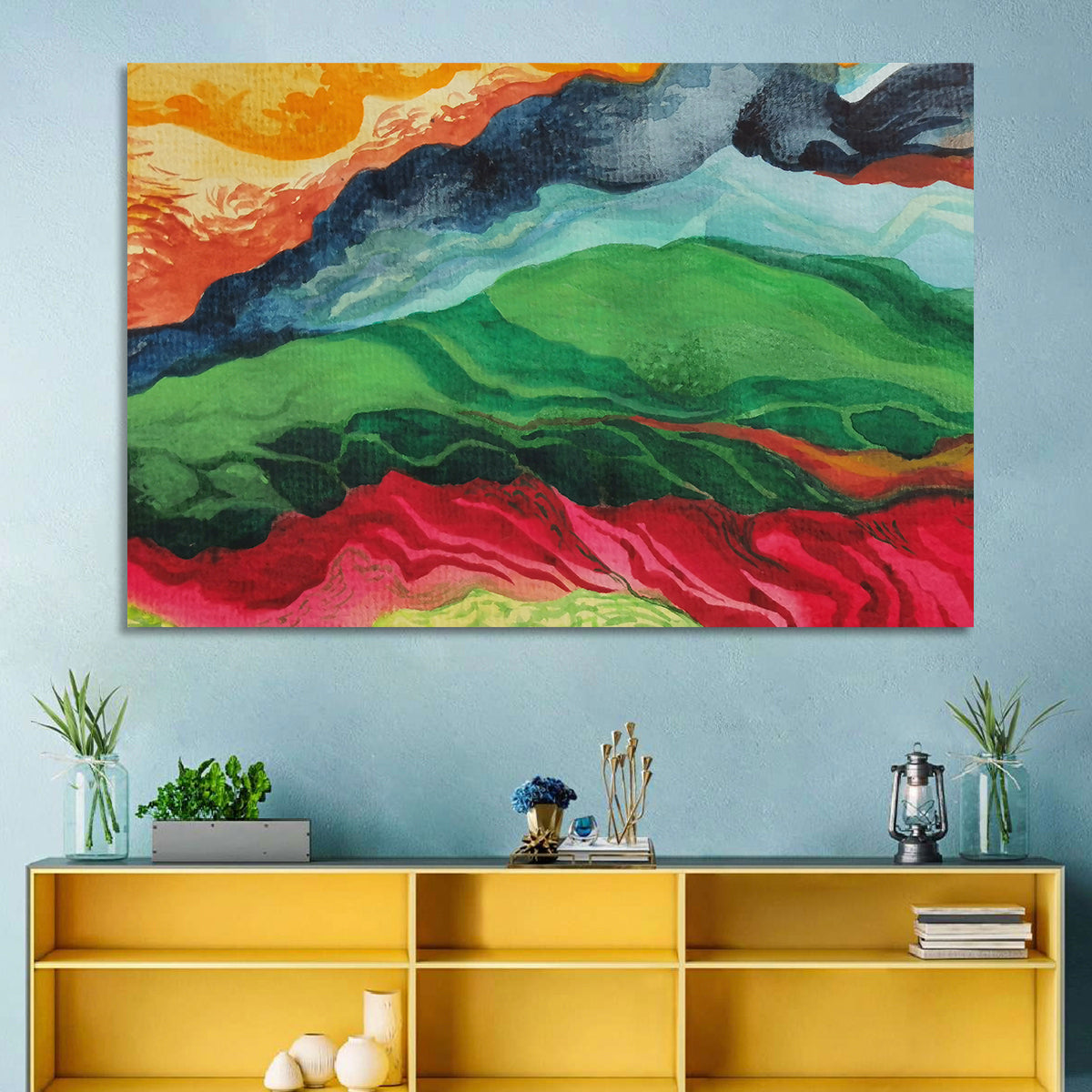 River Through Abstract Mountains Wall Art in a room, landscape