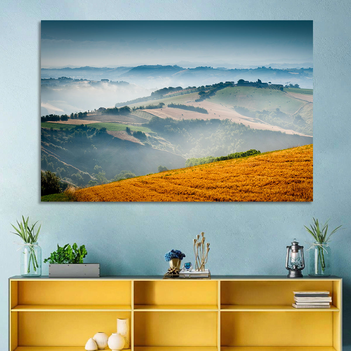 Morning Mist Over Tuscany Wall Art in a room, landscape