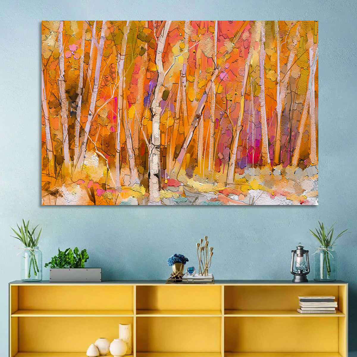 Autumn Birch Grove Painting Wall Art in a room, landscape