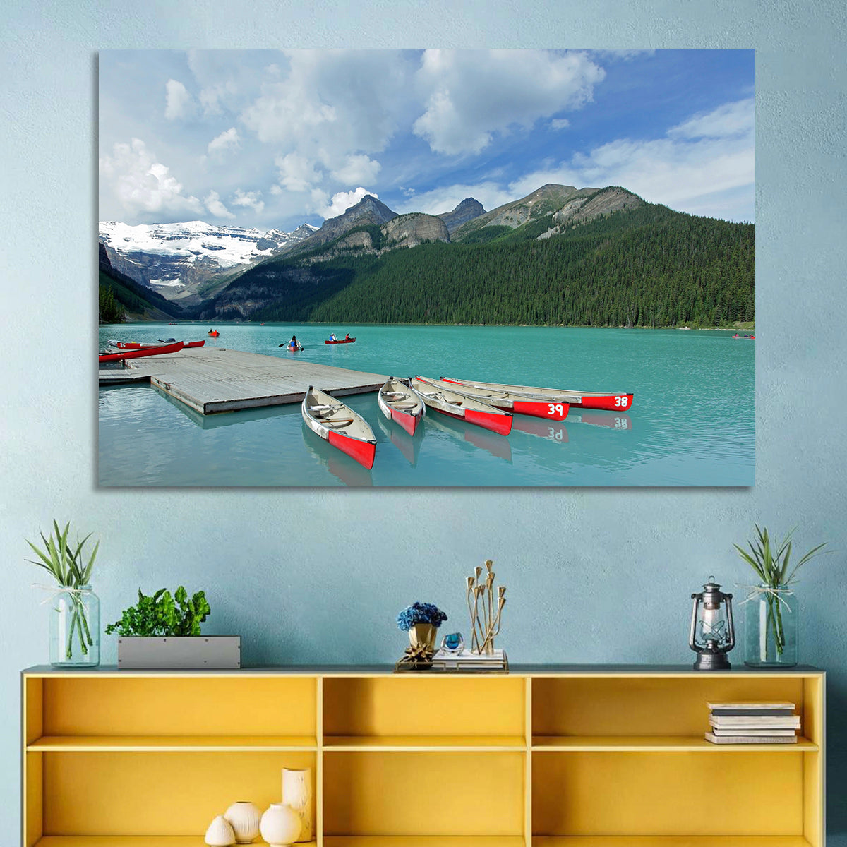 Red Canoes at Lake Louise Wall Art in a room, landscape
