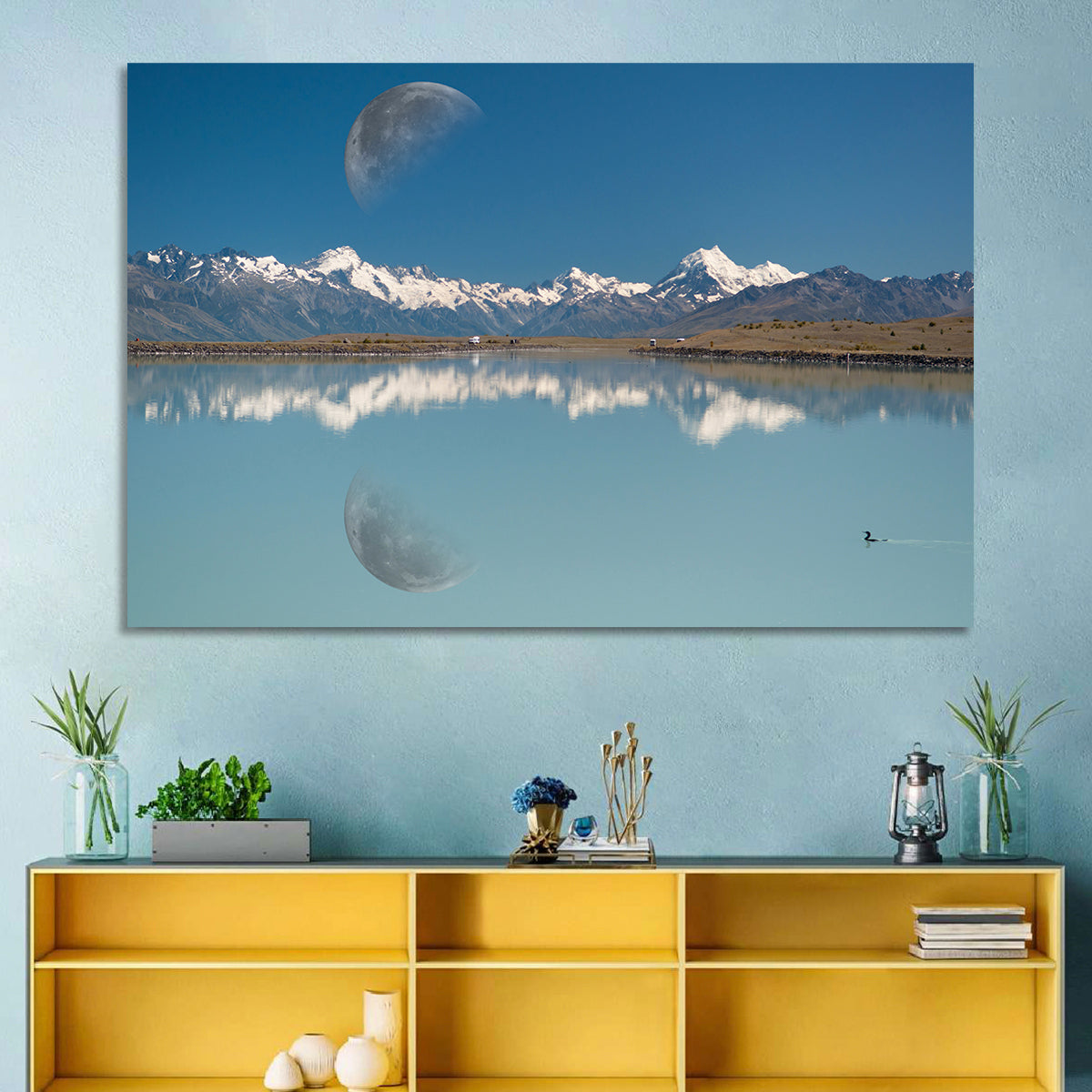 Moon Over Mt Cook and Lake Pukaki Wall Art in a room, landscape