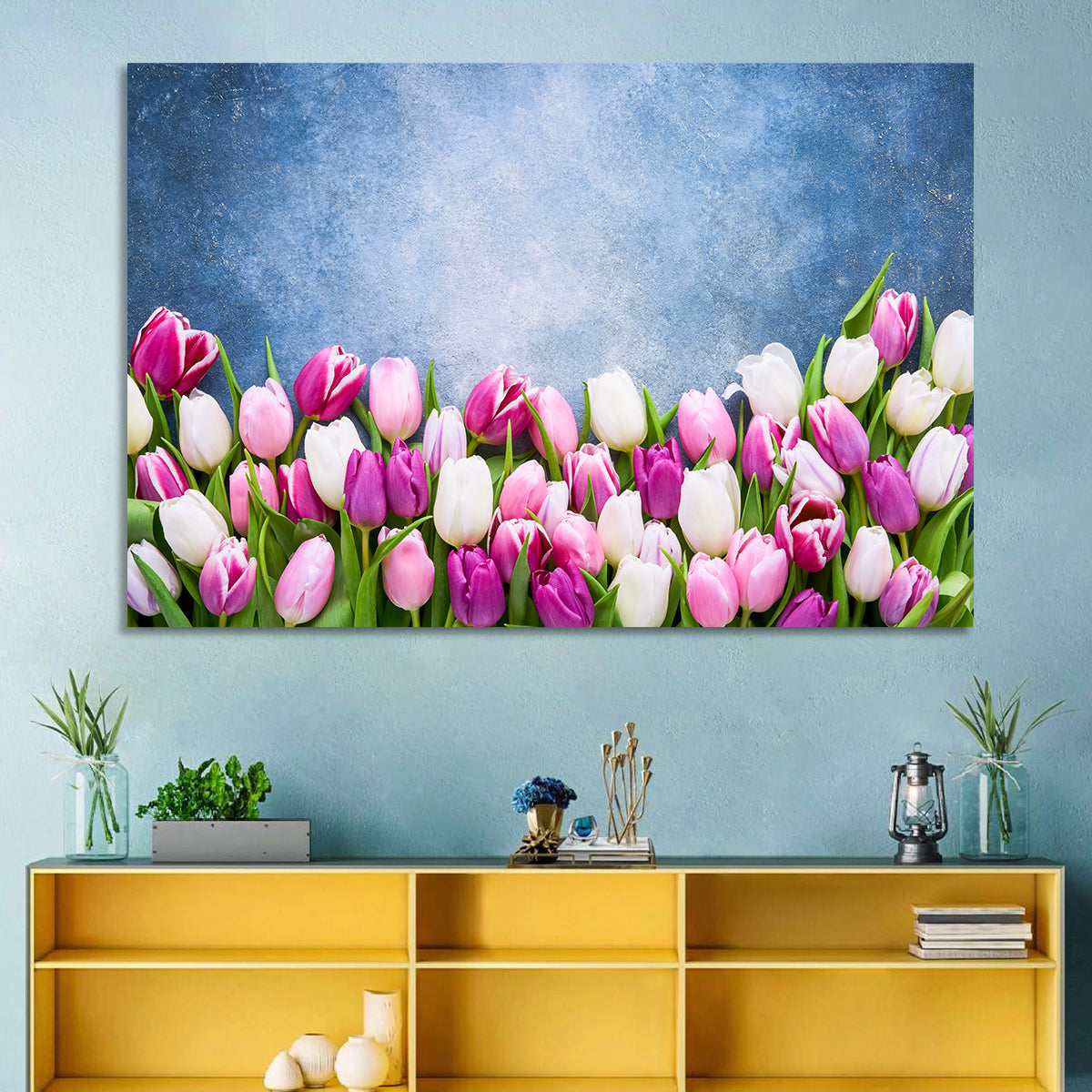 Tulips on Textured Blue Wall Art in a room, landscape