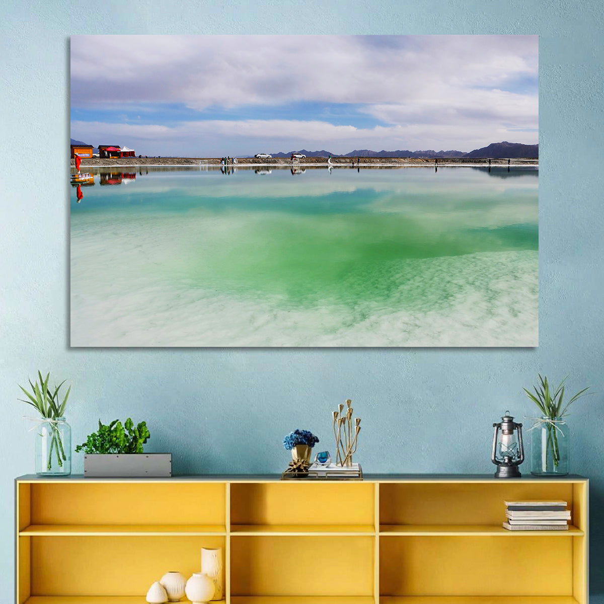 Emerald Salt Lake Wall Art in a room, landscape