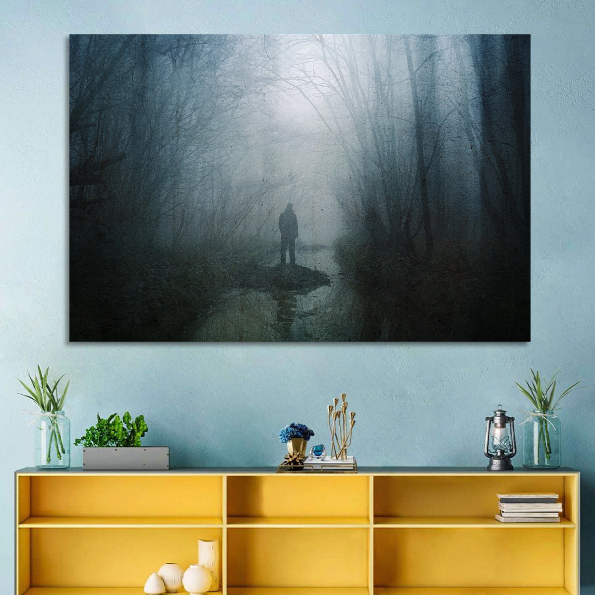 Foggy Forest Pathway Wall Art in a room, landscape