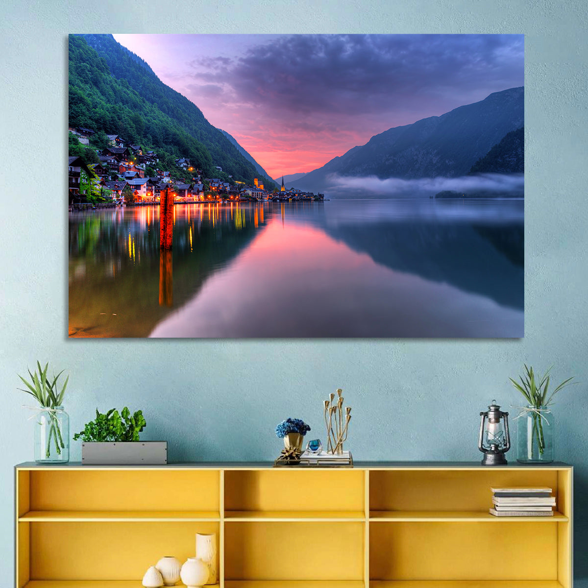 Hallstatt Mountain Village Wall Art in a room, landscape