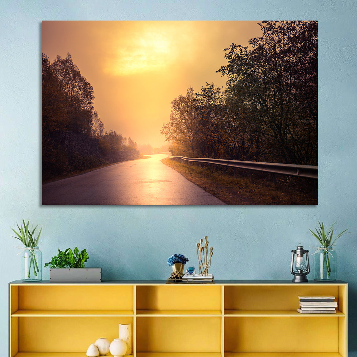 Windy Misty Forest Road Wall Art in a room, landscape